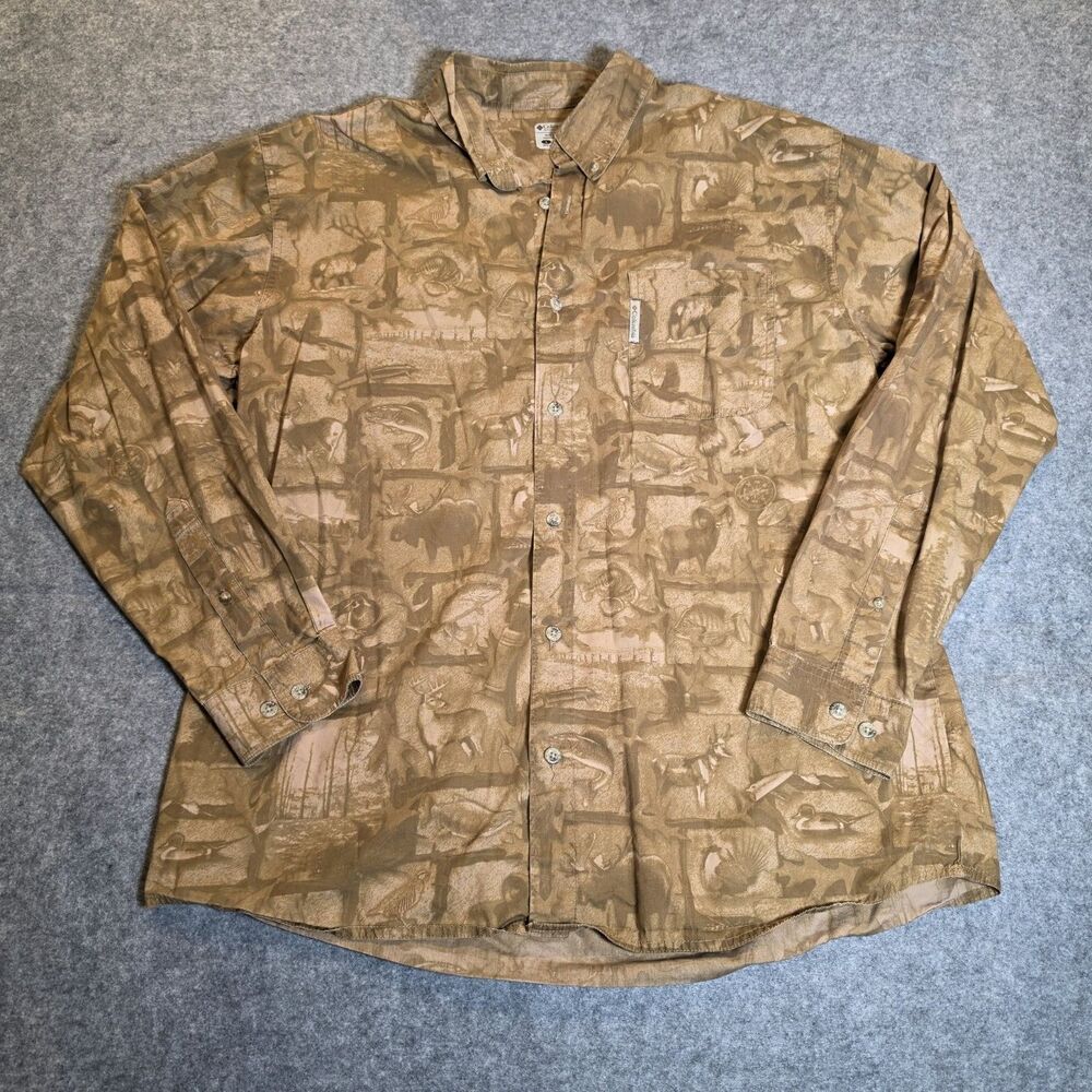 Vtg Columbia Sportswear Men’s Large Hunting Fishing Wildlife Print Shirt